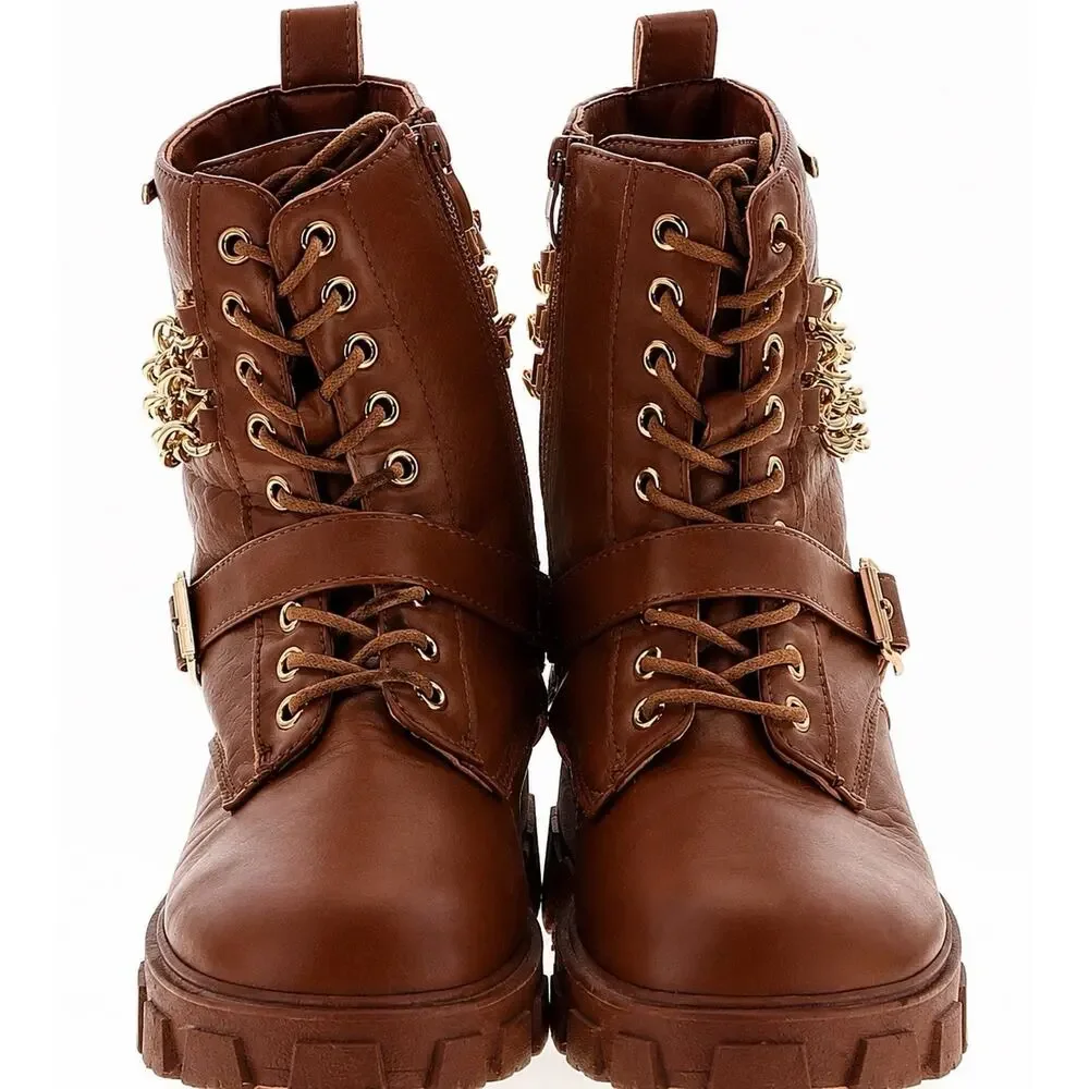 Rocawear Women’s Size 7 Brown Combat Boots Y2K Chain Buckle Platform Lug Sole